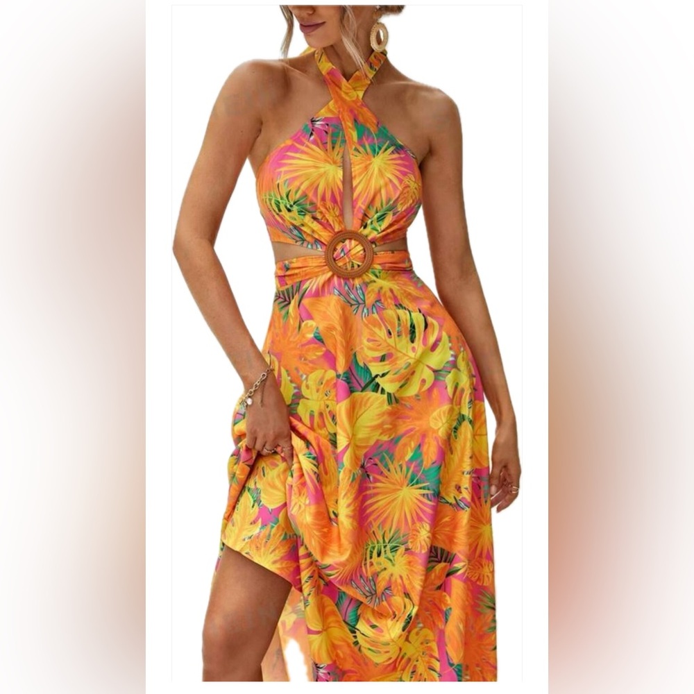 Vacation Tropical Print Ring Linked Cut Out Tie Backless Halter Neck Dress